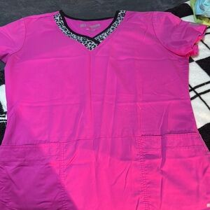 Pink V-Neck Scrub Top with Leopard Trim